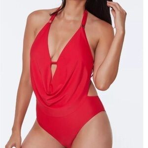 BAR III Solid Cowlneck One Piece Swimsuits Small Paradise Red swimwear size S